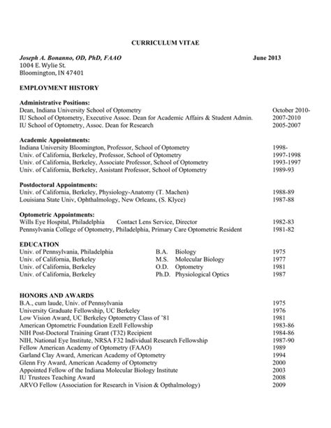 Curriculum Vitae - School of Optometry