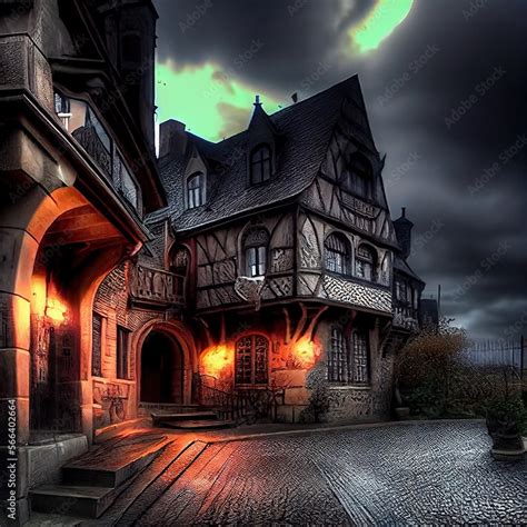 A medieval street with old houses in the evening. The concept of an old ...