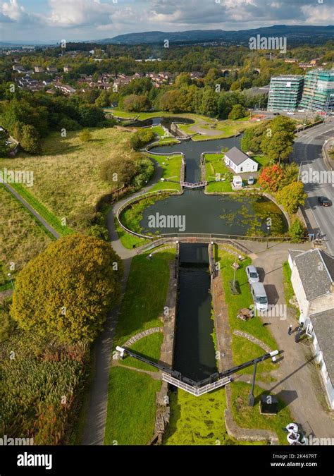 Aerial view of Forth and Clyde Canal at Maryhill Locks in Maryhill ...