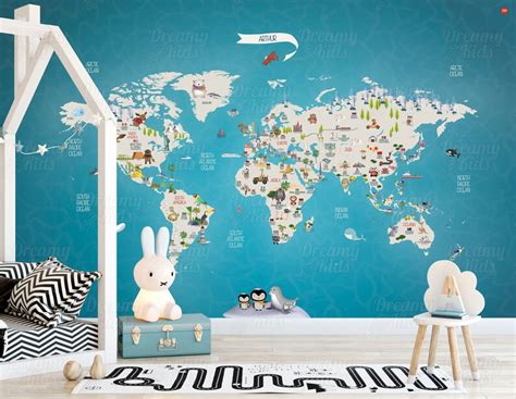 Kids World Map Blue Green World Map Wallpaper Kids - Etsy