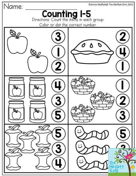 Counting 1-5. Count the items in each group and dot or color the correct number. There are ton ...