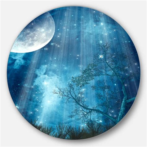 Designart - Big Moon in Blue Forest' Landscape Circle Metal Wall Art ...