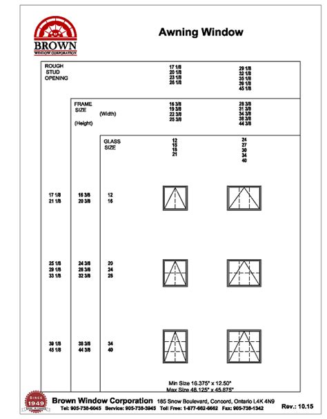 Awning Window Size Chart from Brown Window Corporation