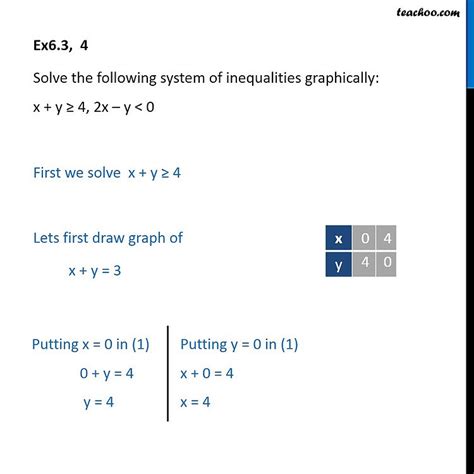 Question 4 - Solve inequality: x + y >=4, 2x - y