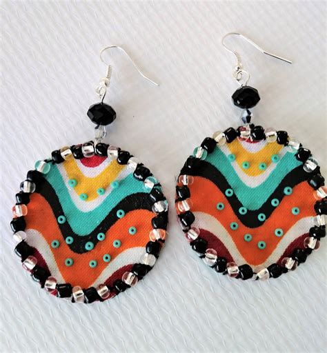 Fabric Earrings Geometric Design Black Silver Beaded Handmade Dangle ...