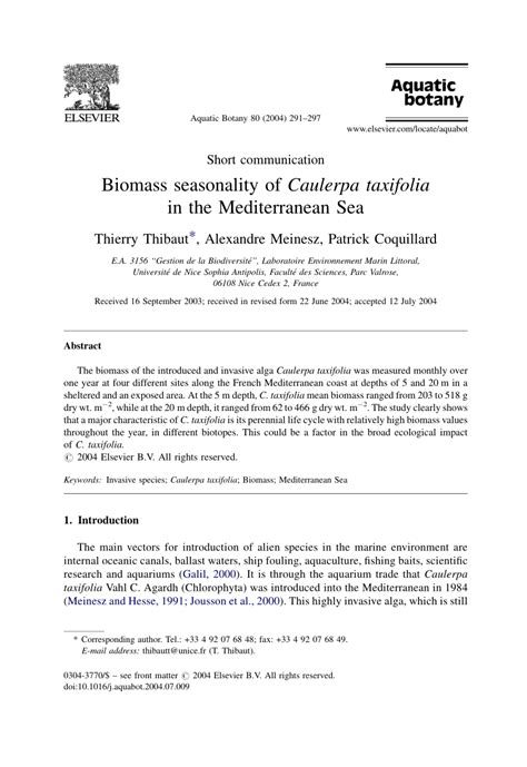 (PDF) Biomass Seasonality of Caulerpa taxifolia in the Mediterranean Sea