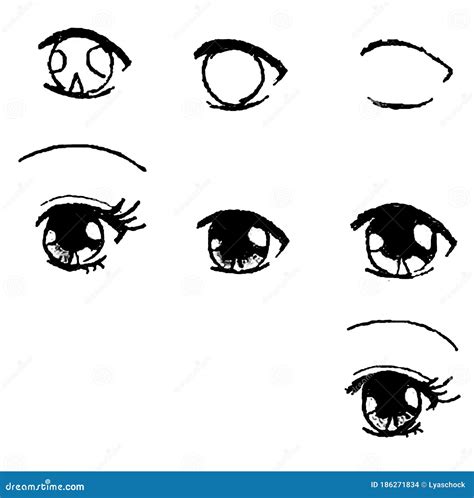 Tutorial Of Drawing Human Eye. Eye In Anime Style. Female Eyelashes ...