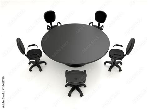 Conference round dark table and many group black office chairs in ...