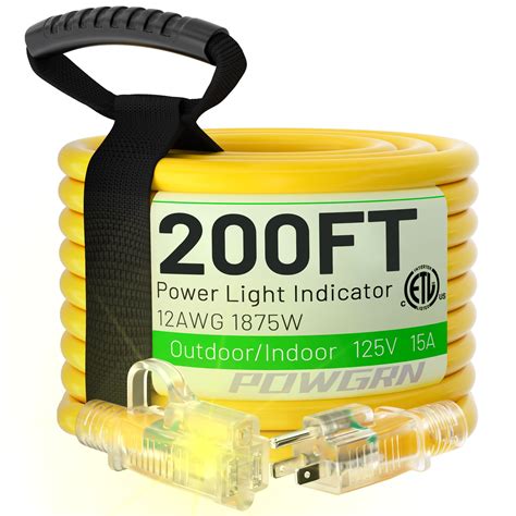 200 ft 12/3 Outdoor Extension Cord Waterproof Heavy Duty with Lighted End 12 Gauge 3 Prong ...