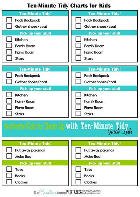 Printable Ten Minute Tidy Charts - onecreativemommy.com