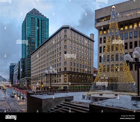 Illuminated Christmas Tree in Downtown Montreal - Quebec, Canada Stock ...