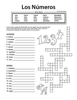 Los Numeros - Spanish Numbers 1-20 Crossword Puzzle Worksheet by Miss Mindy