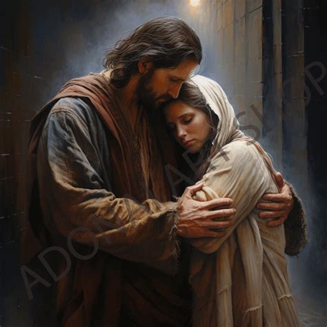 Jesus Christ Holding Hugging Sad Women Mary Magdalene Oil Painting PNG ...