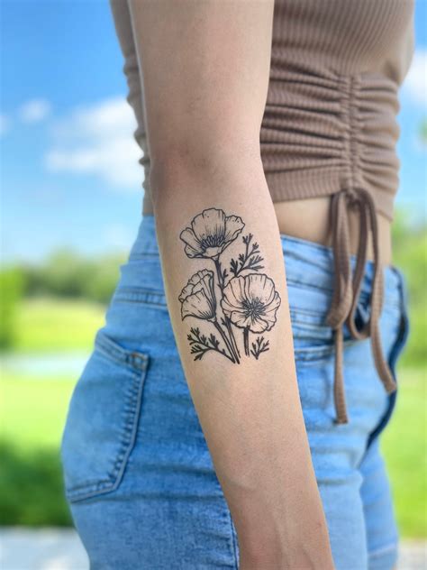 Poppy Flower Temporary Tattoo, Golden Poppy, Black Ink Tattoo Design ...