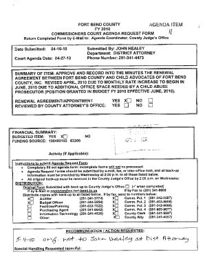 Fillable Online COMMISSIONERS COURT AGENDA REQUEST FORM '/ Fax Email ...