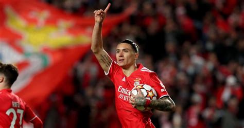 Benfica striker Darwin Nunez celebrates scoring against Liverpool at Estadio da Luz, Lisbon ...