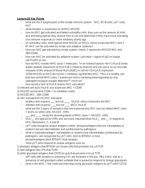 Immunology Lectures 20-21 - Lecture 20 Key Points - what are the 4 lymphocytes of the innate ...