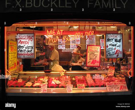 Ireland Dublin butcher shop meat market window display vendor FX Buckley Talbot Street Stock ...