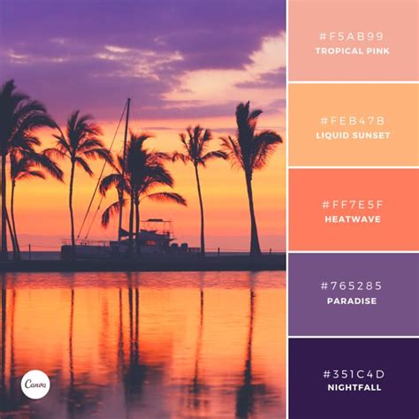 Color Combinations: Island Hopping #f5ab99 #feb47b #ff7e5f #765285 #351c4d | Color inspiration ...