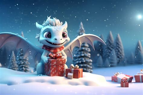 Premium Photo | Cute dragon and gift boxes on a winter background 3d illustration AI generation