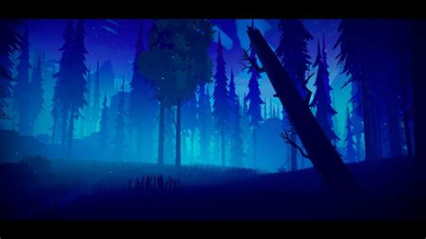 an animated forest scene at night with blue lights and stars in the sky above it