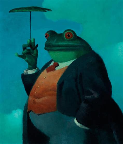 a painting of a frog in a suit and tie holding an umbrella over his head