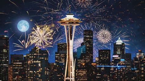 [4k] Seattle Washington Space Needle Fireworks Celebration 4th Of July Independence Day Starry ...