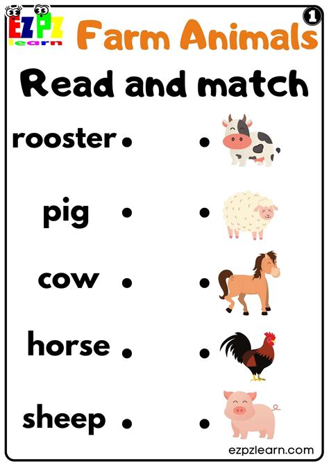 Farm Animals Read and Match Worksheet for Kindergarten or ESL Students ...