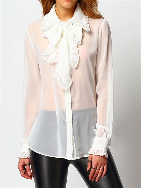 Elegant White Sheer Ruffle Chiffon Blouse