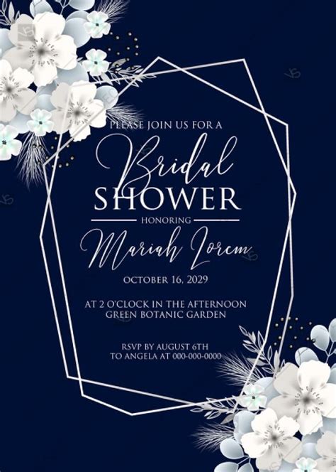 Bridal Shower Invitation White Hydrangea Navy Blue Background Online ...