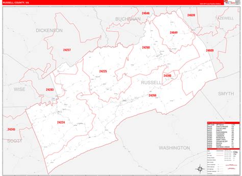 Russell County, VA Zip Code Wall Map Red Line Style by MarketMAPS ...