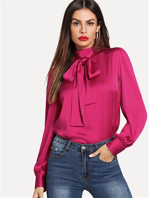 Neon Pink Tie Neck Buttoned Back Satin Blouse | SHEIN IN