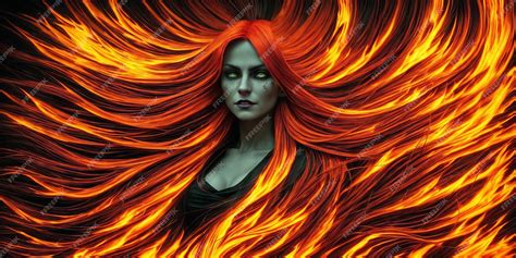 Premium AI Image | Beautiful woman with flaming flying red hair and glowing green eyes in black ...