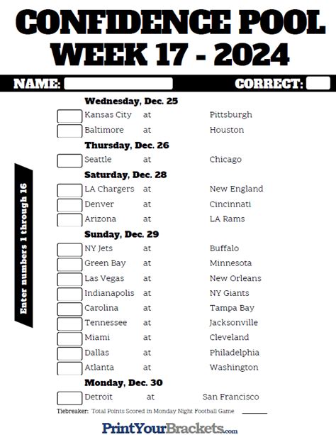 NFL Week 17 Confidence Pool Sheet 2024 - Printable