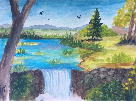 Landscape Gouache Painting/gouache Waterfall Painting/5 X - Etsy UK