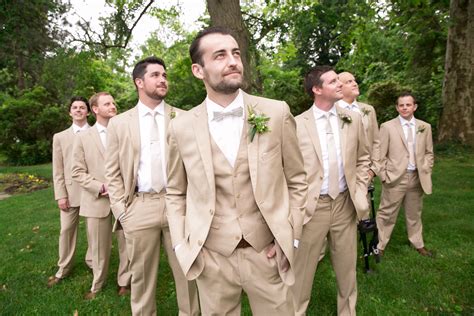 Rustic wedding. Outdoor wedding. groomsmen. tan suits. generation tux. | Tan suit wedding ...