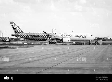BERLIN, GERMANY - JUNE 02, 2016: The newest Airbus A350 XWB at the airfield. Black and white ...