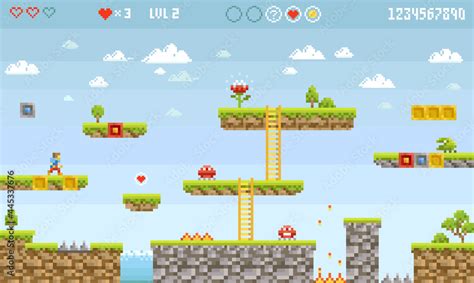 Pixel Art 8-bit elements for retro video game level design. Vintage platform game in 90s style ...