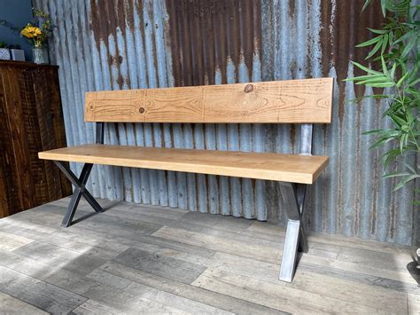 bench with back, industrial style dining table bench, solid wood bench,