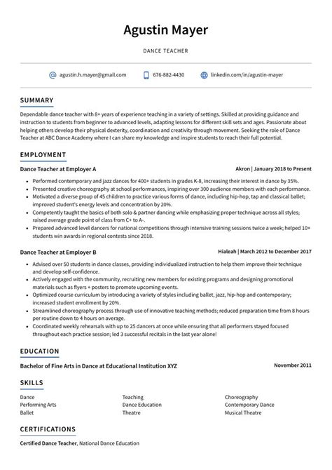 Dance Teacher Resume (CV) Example and Writing Guide