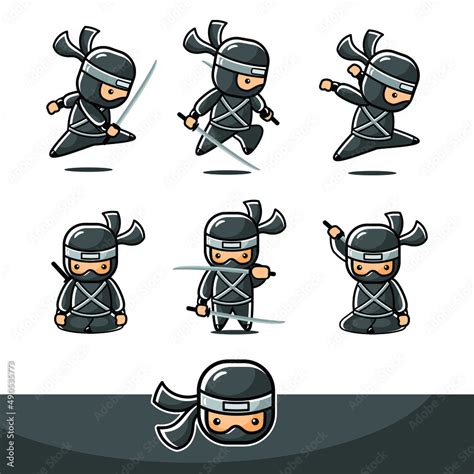 Cartoon black little ninja set Stock Vector | Adobe Stock