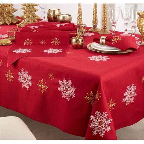 Holiday Snowflakes Red Embroidered Table Linens