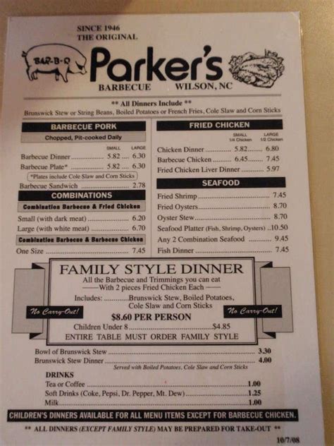 Parker's Barbecue Menu, Menu for Parker's Barbecue, Wilson, Wilson - Urbanspoon/Zomato