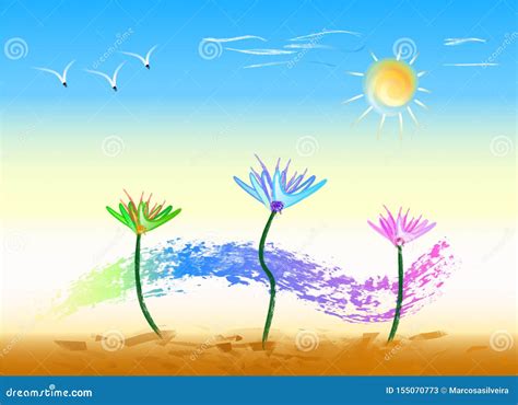 Dance of Flowers on a Sunny Day, Landscape in Color Stock Vector - Illustration of presented ...