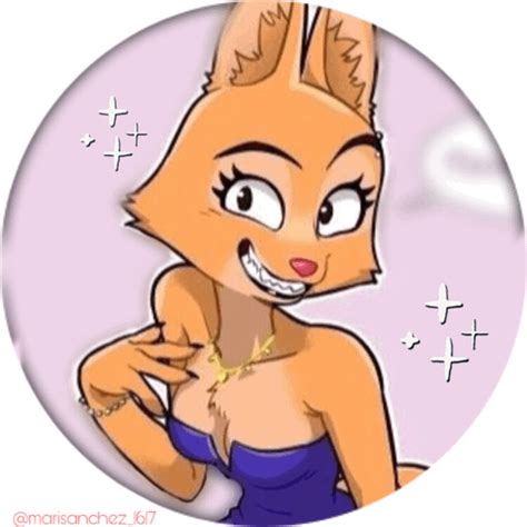 an image of a cartoon fox wearing a blue dress and gold chain around her neck