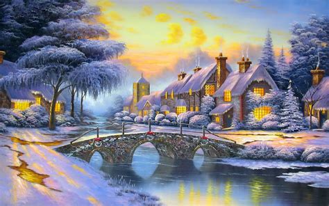 Winter Landscape Art Houses River Bridge Snow : Wallpapers13.com