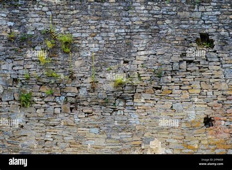 texture of old medieval castle wall with loophole made from gray stones ...