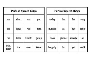 Parts of Speech Bingo by KinderFree | Teachers Pay Teachers