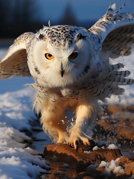 Premium Photo | Snowy owl landing on a rock in the snow with its wings ...