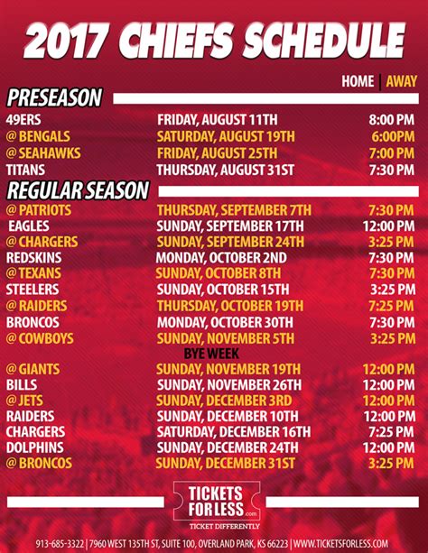 Chiefs Printable Schedule 2017 - Kansas City Chiefs Schedule